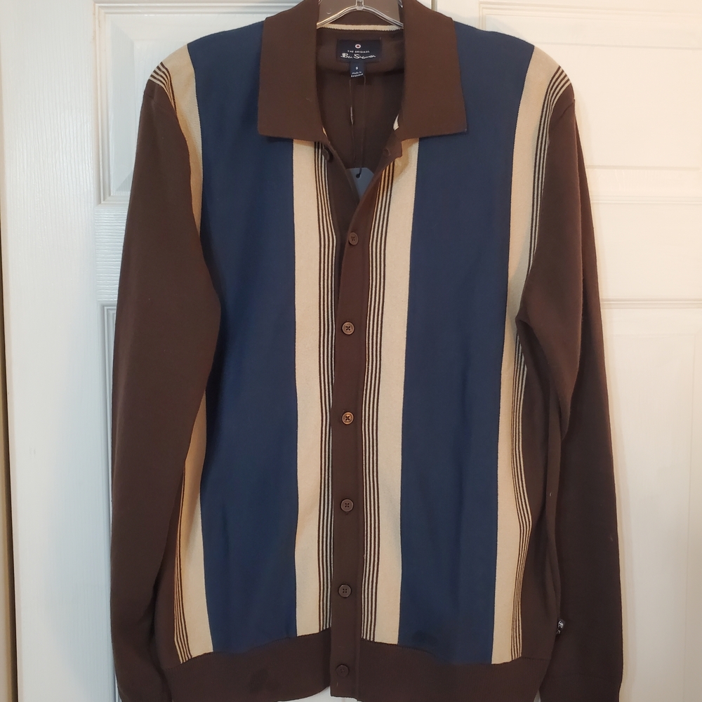 Ben Sherman Mod Stripe Knitted Button Up Cardigan Polo Brown Mens Small NWT